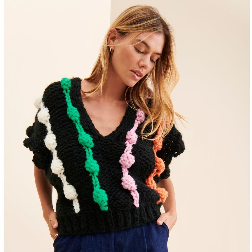 Anthropologie Bauble Pom Pom Striped Crochet Knit Sleeveless Sweater Vest OS